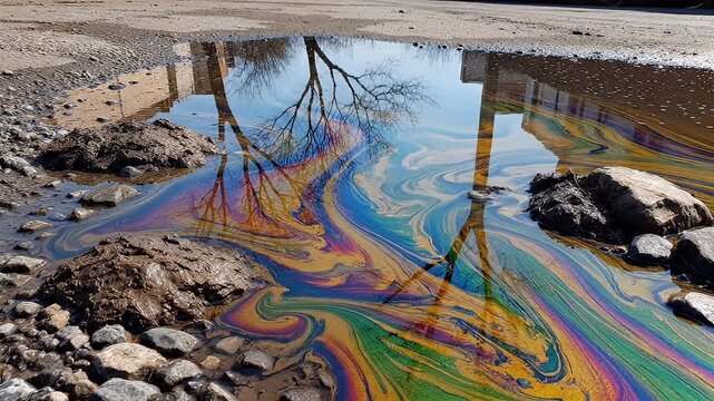 Vibrant oil slick reflecting rainbow colors in water.