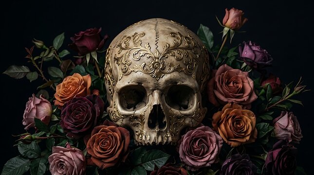 Human skull adorned with roses and dark foliage in a dramatic still life composition
