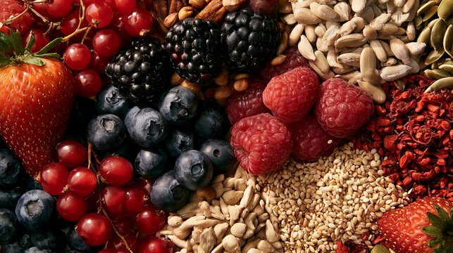 Assorted vibrant berries, crunchy nuts, and dried fruit blend atop a clean surface, perfect concept for healthy snacking and nutritious dietary ingredients