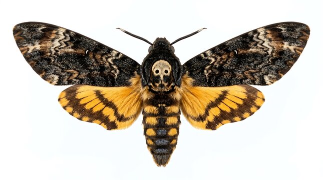 Detailed view of a death's head hawkmoth with striking patterns on isolated white background
