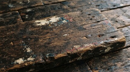 Fototapeta premium Close-up of weathered reclaimed wood plank with rustic texture and natural distress marks for eco design