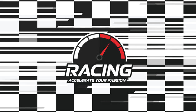 High speed racing logo design displaying a speedometer against a black and white checkered flag background pattern.