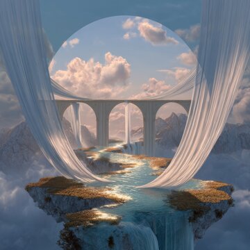 Dreamlike landscape of floating islands linked by delicate bridges, crowned by a luminous circular frame. A luminous dream-weaver threads streams of light through the misty air as ethereal, silky dra