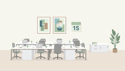 Fototapeta premium Modern open office workspace interior showing rows of desks with laptops, green chairs, calendar, and wall art.