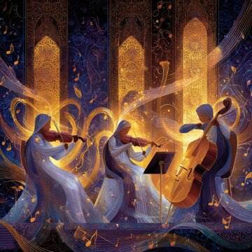 Dreamlike hall performance of a ceremonial string quartet bathed in backlight within an ornate hall of Bahraini-inspired motifs. The ensemble features violinists and a cellist dressed in flowing, lum