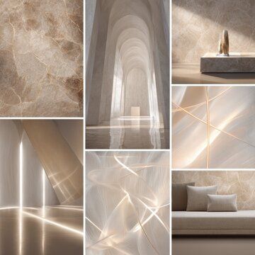 Luxurious minimalist interior collage featuring pale neutral tones, marble surfaces, glass and brushed metal textures, with generous negative space and architectural arches. Delicate glowing lines we