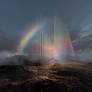 Dreamlike landscape where earth becomes a painted canvas under a magical atmosphere, with shifting shadows and a luminous sculpture rising from the ground. Ribbons of color weave through a misty air,