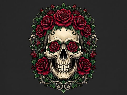 Detailed skull illustration adorned with vibrant red roses and intricate ornamental design elements