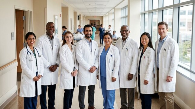 Diverse team of smiling healthcare professionals in white coats standing together in a bright modern hospital corridor, teamwork and medical excellence concept
