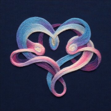 Dream weaving in a dreamlike tapestry featuring two intertwined hearts formed by soft, luminous threads in cool midnight blues and warm pinks. The braided threads loop and braid around each other, cr