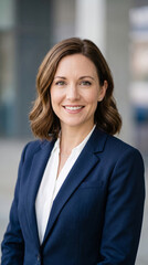 Fototapeta premium Portrait of a smiling woman in a navy blazer over a white blouse, symbolizing professionalism, confidence, and approachability in business contexts.