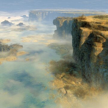 Dreamlike clifftop panorama in an earth-toned fantasy world, luminous HDR with painterly oil textures, misty rivers and amber grasses along a sheer cliff edge, wide cinematic view with deep depth.