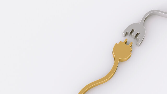 3D Rendering, golden and silver plugs, copy space
