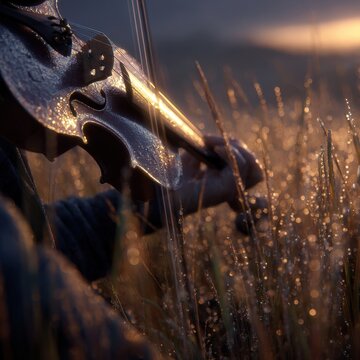 Dreamlike cinematic ridge scene with a lone musician playing a violin as whispers drift through bluegrass, bathed in warm golden light; ultra-detailed, hyper-real textures of dew on fiddle strings an