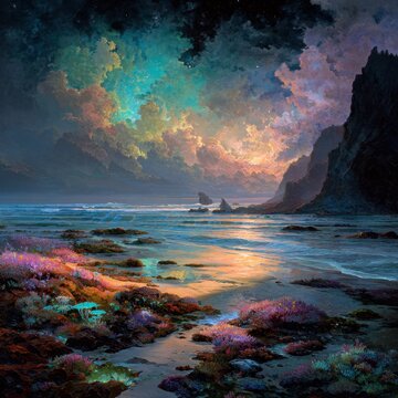 Dreamlike coastal landscape with Nebulous aurora and cosmic textures, a painterly seascape where vibrant sea, sky, and shore glow with bioluminescent flora along a rocky, cliffs-dotted coast.