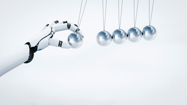 Robot's hand pushing Newton's cradle, 3D Rendering