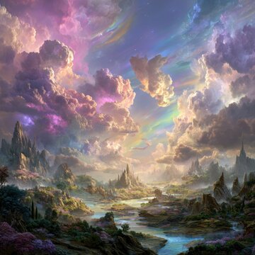 Dreamlike fantasy landscape featuring floating islands and jagged crystalline peaks beneath iridescent, colorful clouds. Ethereal mist curls through luminous valleys, while magical flora and rivers o