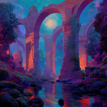 Dreamlike fantasy landscape featuring towering ancient arches rising from mist, illuminated by moonlit glow and surreal violet twilight. Luminous light threads weave between moss-covered stones, arch