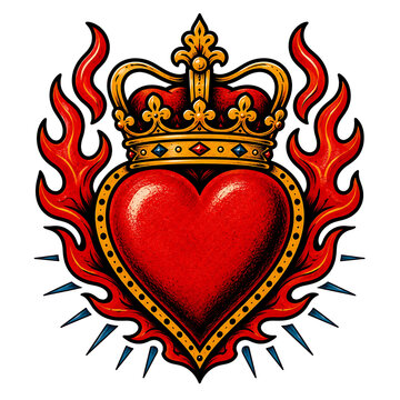 Fiery red heart with golden crown and flames tattoo design vector illustration isolated on transparent background