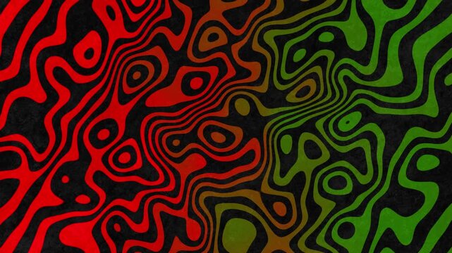 Abstract black, red and green fluid contour pattern with dynamic gradient