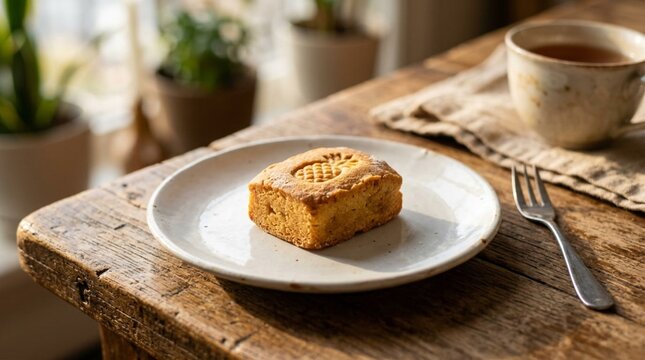 Golden-brown Taiwanese pineapple cake pastry on a white ceramic plate, soft afternoon sunlight casting gentle shadows on rustic wooden table with tea cup and silver fork, cozy homemade dessert scene