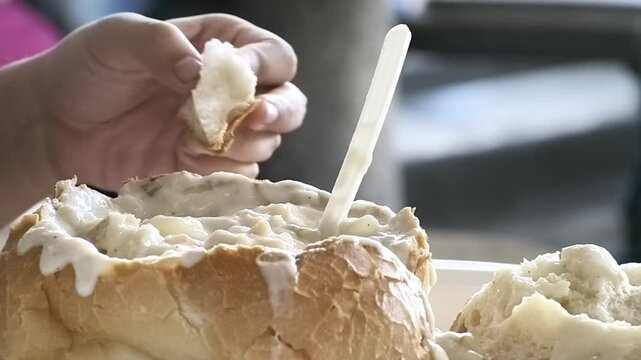 Creamy Seafood Chowder Served Inside Sourdough Bread