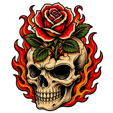 Skull with flaming rose tattoo design isolated on transparent background for edgy artwork