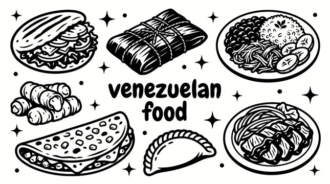 Venezuelan foods featuring arepas pabellon criollo hallacas tequenos cachapas empanadas and traditional dishes vector cuisine restaurants food menus culinary tourism street food culture festivals