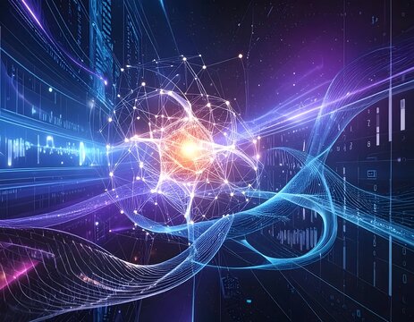 Intricate glowing network sphere with abstract data streams and light waves in a futuristic digital environment