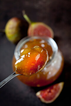 Spoon of fig jam, close-up