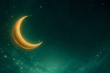 Fototapeta premium Golden Crescent Moon with Glowing Stars and Islamic Pattern on Emerald Green Background with Copy Space