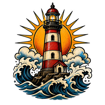 Vintage lighthouse illustration on stormy waves with glowing sunset and ocean backdrop for nautical designs