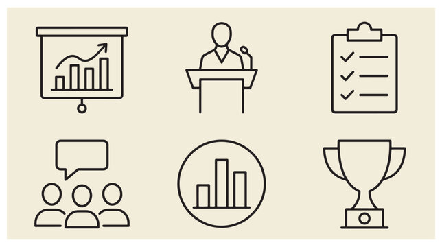 Business and presentation line icons set including growth chart speaker clipboard audience data circle and trophy with speaker podium clipboard list audience group