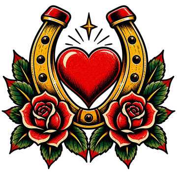 Vintage golden horseshoe with red heart and roses tattoo design vector illustration isolated on transparent background