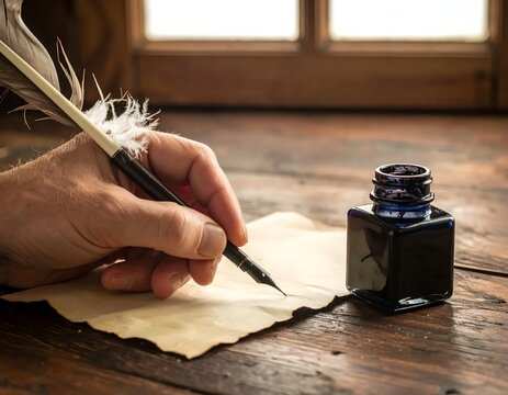 Hand holding a quill pen, dipping into an inkwell on aged paper, writing a historic document