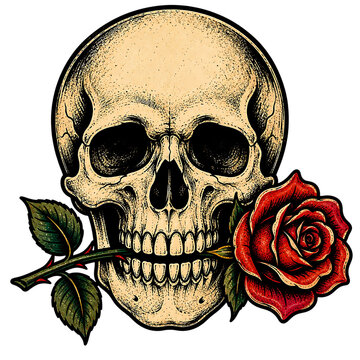 Skull with red rose tattoo design vector isolated on transparent background for dark art