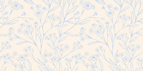 Fototapeta premium Delicate seamless botanical pattern with light blue wildflower branches on a cream background, ideal for textiles, wallpaper, stationery, packaging, fashion, and home decor
