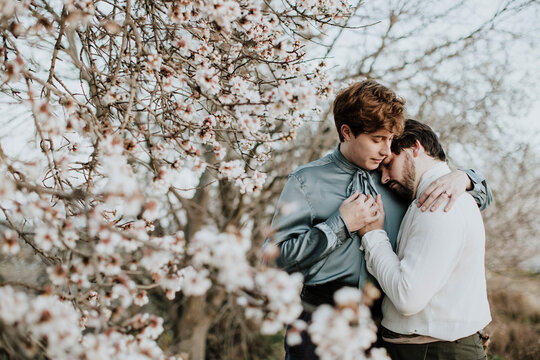 A gay couple shares a romantic embrace near a blossoming tree