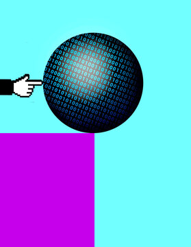 Pixelated hand pushes binary code sphere off a purple edge