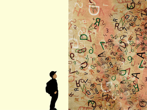 Illustration of a student looking at a scattered alphabet