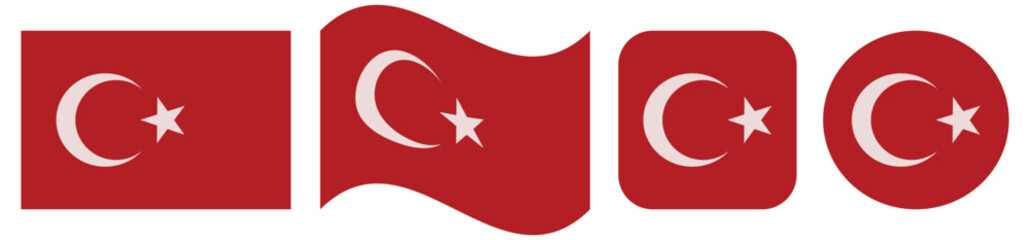 Obraz premium turkey flag icon set vector, turkish national flag in rectangle waving rounded square and round circle styles isolated on white background