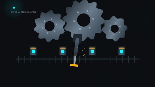 Three silver gears above robotic arm striking blue panels