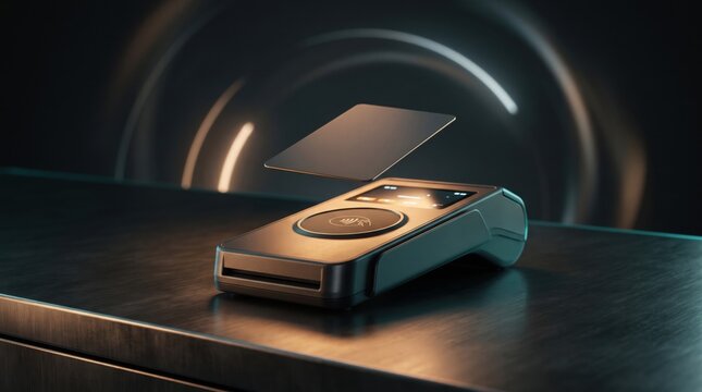 Modern card reader on dark surface with card scanning