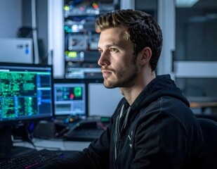 Fototapeta premium Focused cybersecurity professional intently monitoring multiple computer screens in a dimly lit server room
