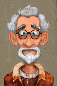 Digital collage shows a cartoon old man with a weathered face