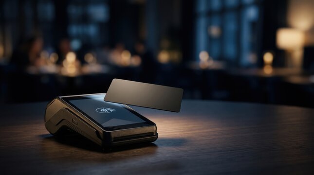 Modern card reader on wooden table with blurred cafe background