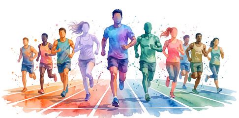 Obraz premium Sports Day Marathon Teamwork: Vibrant running competition design featuring a group concept, winner, and champion victory.