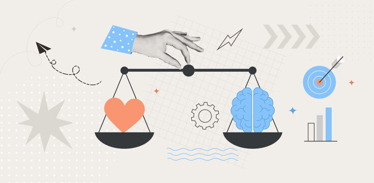 Halftone Collage. Hand Holding Scales with Heart and Brain Balance. Mental and Physical Health. Emotional Intelligence. Rational Decision Making. Psychology. Control Feeling and Emotion