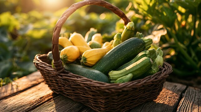 Wicker basket overflows with fresh yellow squash and green zucchini vegetables, nestled amongst lush foliage, showcasing a harvest bounty concept