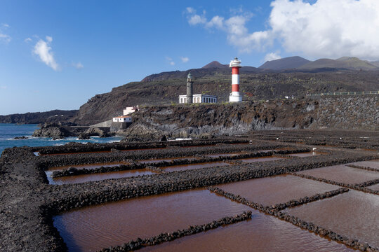 Spain, Canary Islands, La Palma, Fuencaliente, Saline, lighthouses and volcanoes Teneguia and San Antonio